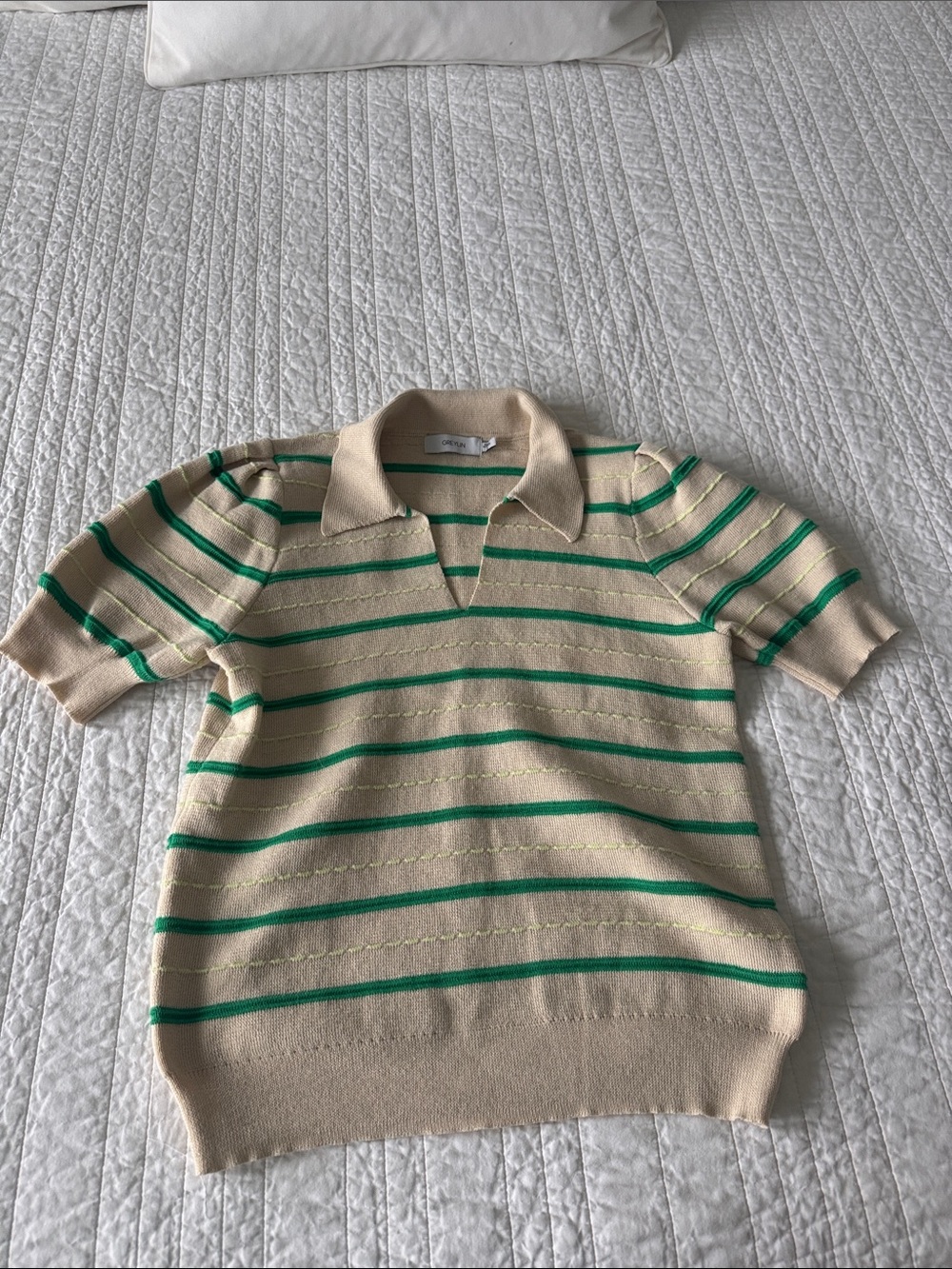 Greylin Beige Polo Top with Green Stripes